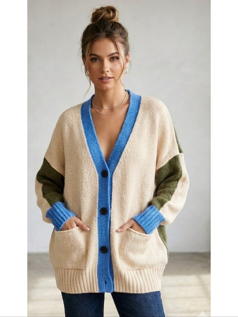 Oversized Colorblock Chunky Knit Sweater Cream Size M